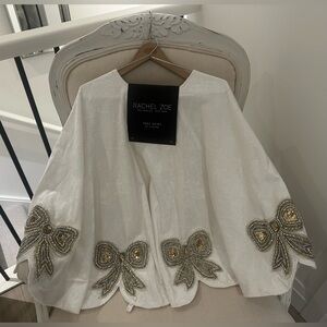 Rachel Zoe Ivory Velvet Scallop Christmas Tree Skirt with Gold, Crystal Bows NWT